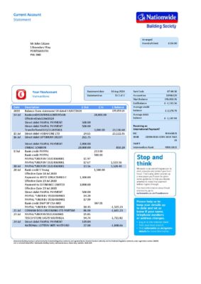 United Kingdom Nationwide bank statement template in .doc and .pdf format (5 pages)