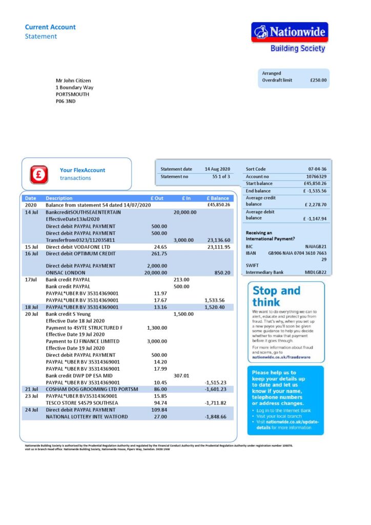 United Kingdom Nationwide bank statement template in .doc and .pdf format (5 pages)