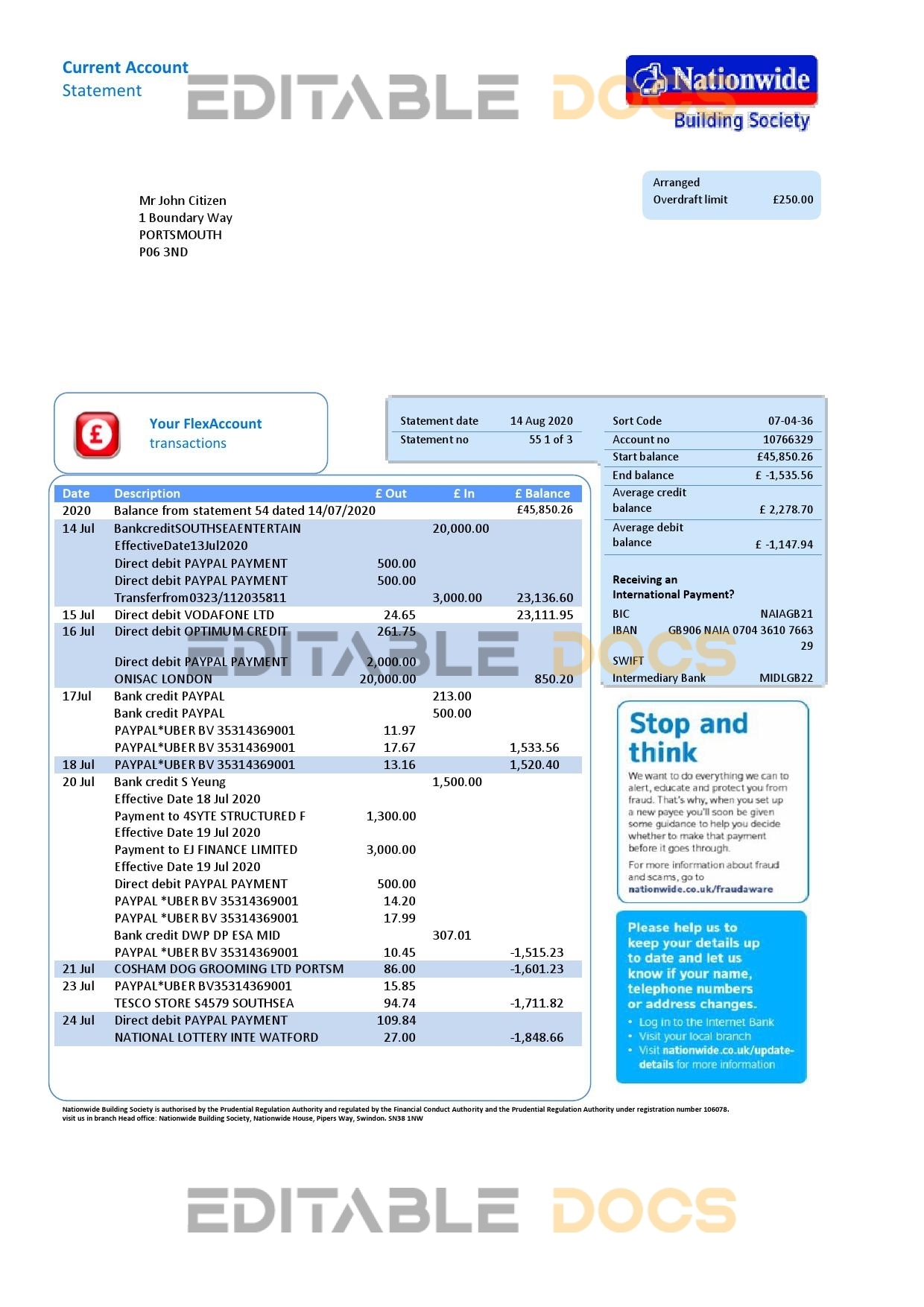 United Kingdom Nationwide bank statement template in .doc and .pdf format (5 pages)