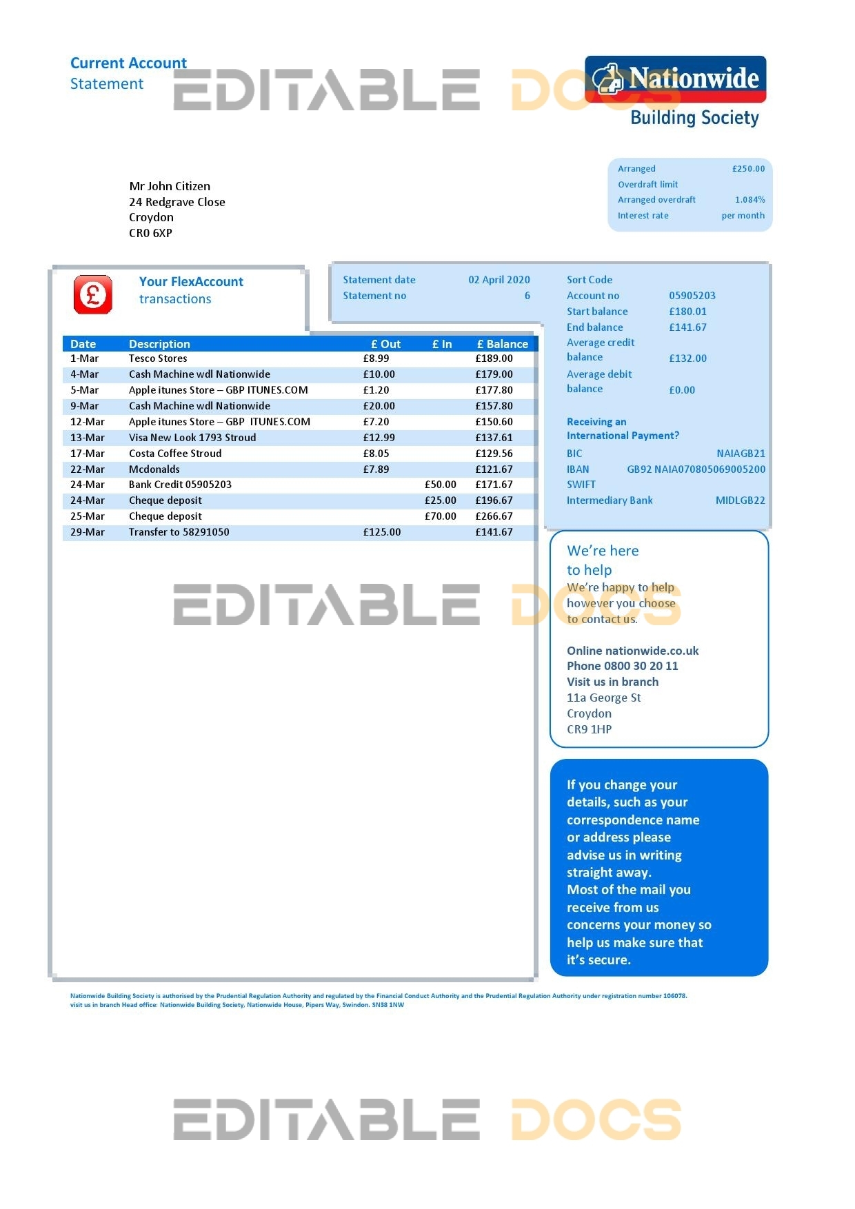 United Kingdom Nationwide bank statement template in Word and PDF file format