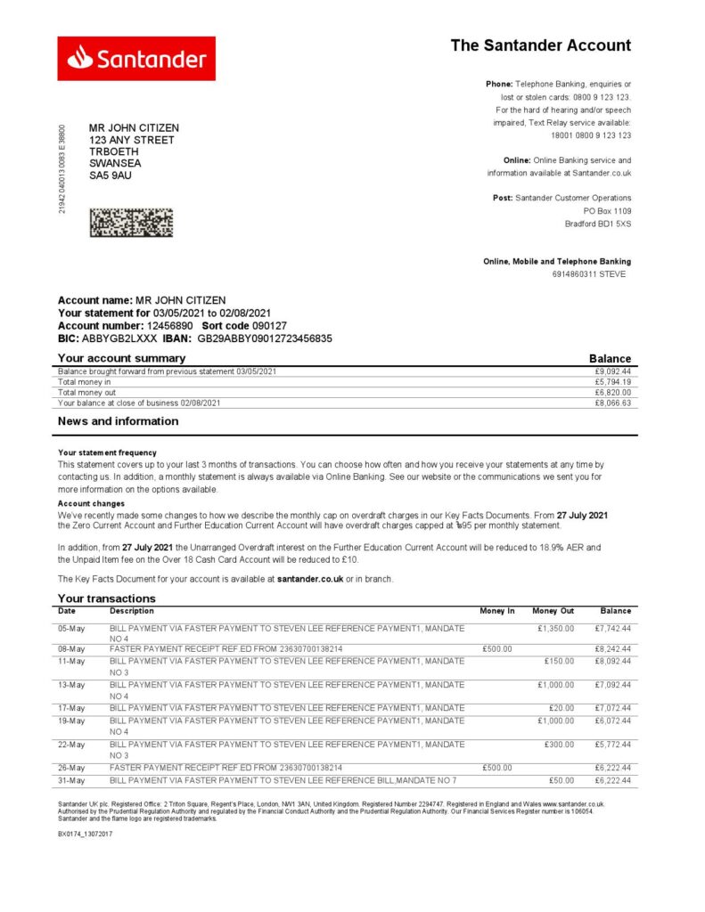 United Kingdom Santander bank statement template in Word and PDF format (2 pages) 1