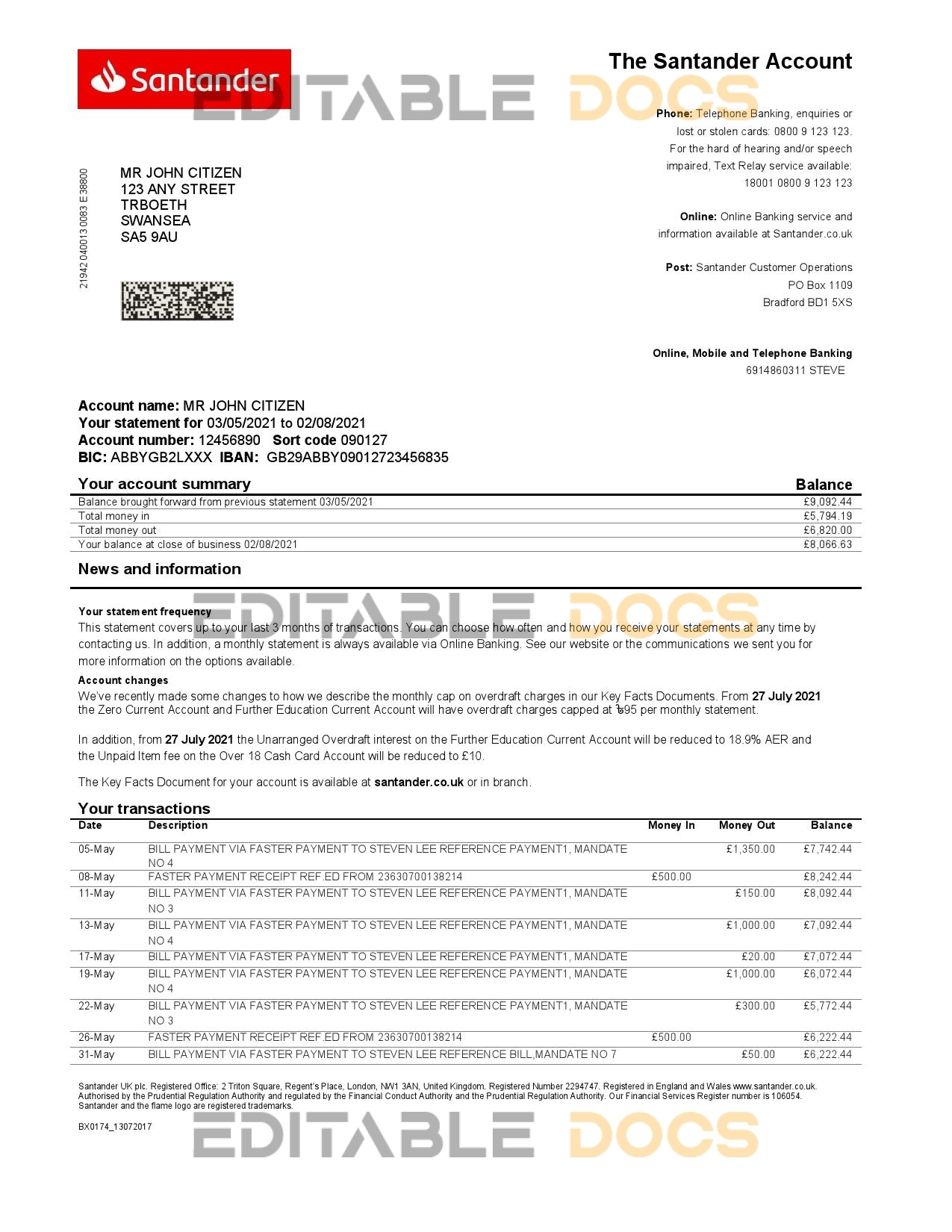 United Kingdom Santander bank statement template in Word and PDF format (2 pages)