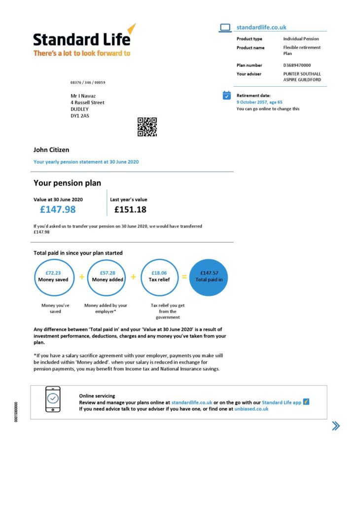 United Kingdom Standard Life proof of address pension statement in Excel and PDF (.xls and .pdf) format