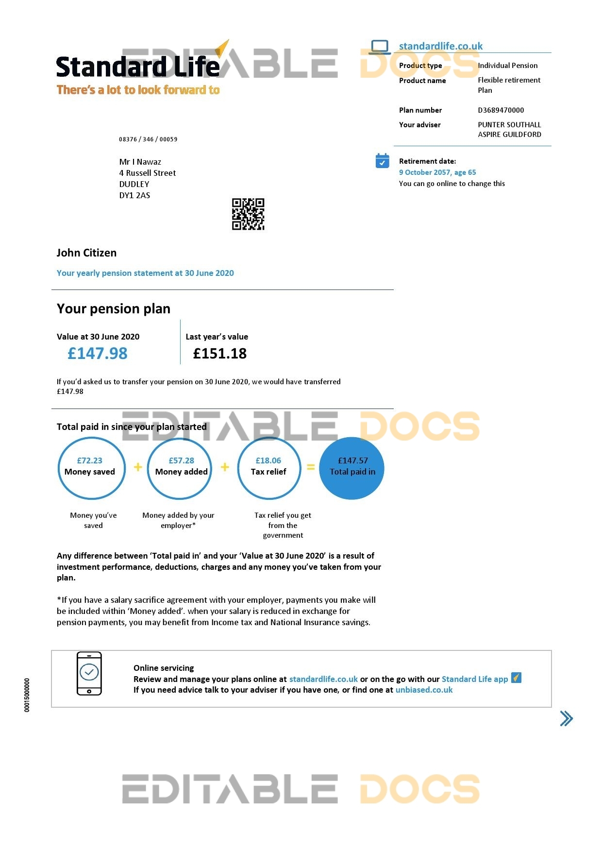 United Kingdom Standard Life proof of address pension statement in Excel and PDF (.xls and .pdf) format