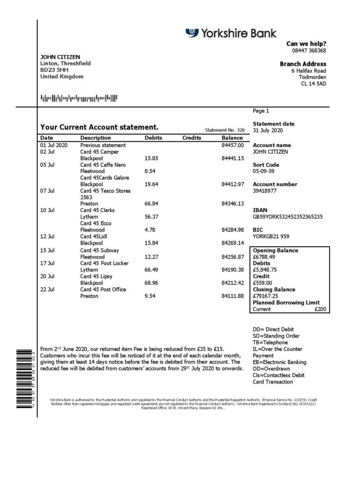 United Kingdom Yorkshire Bank statement template in Word and PDF format, good for address prove