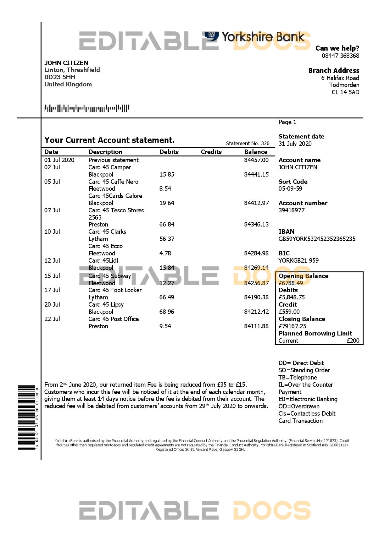 United Kingdom Yorkshire Bank statement template in Word and PDF format, good for address prove