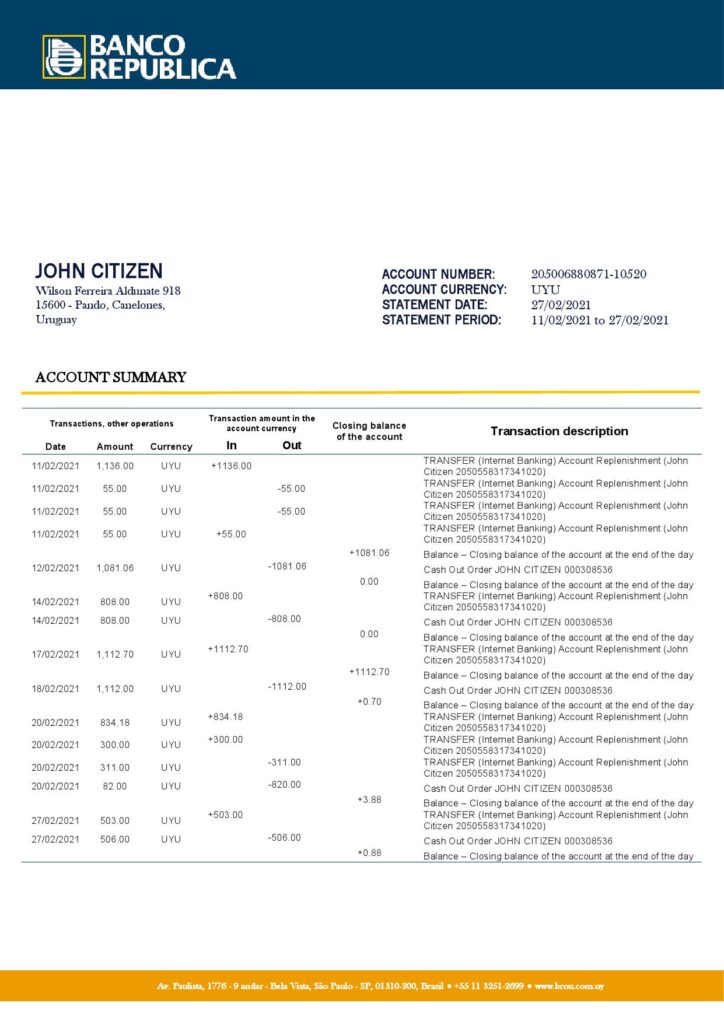 Uruguay Banco De La Republica Oriental Del Uruguay bank statement template in .doc and .pdf format
