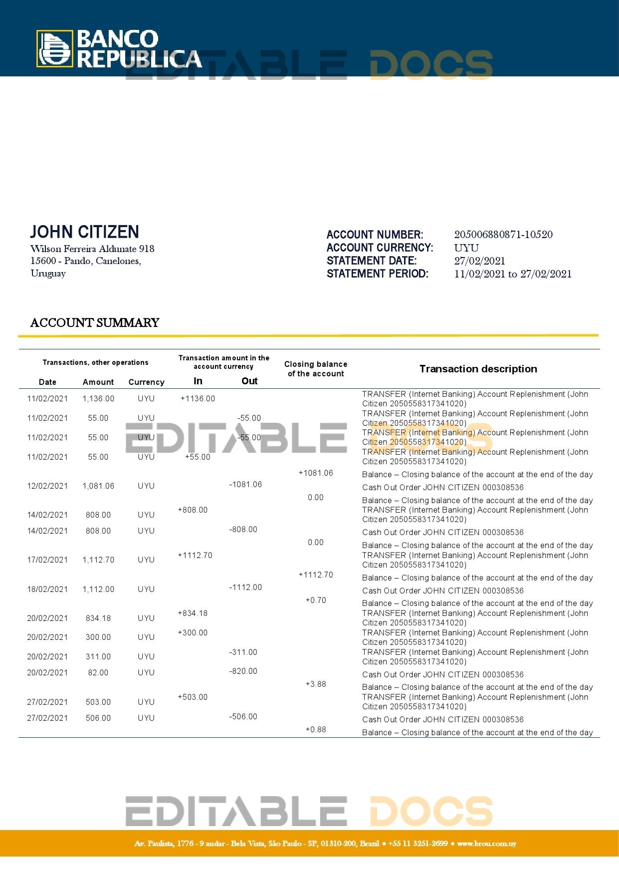 Uruguay Banco De La Republica Oriental Del Uruguay bank statement template in .doc and .pdf format