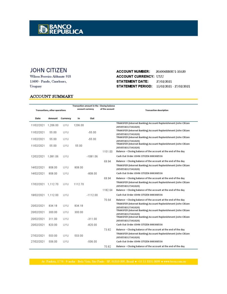 Uruguay Banco De La Republica Oriental Del Uruguay bank statement template in .xls and .pdf file format