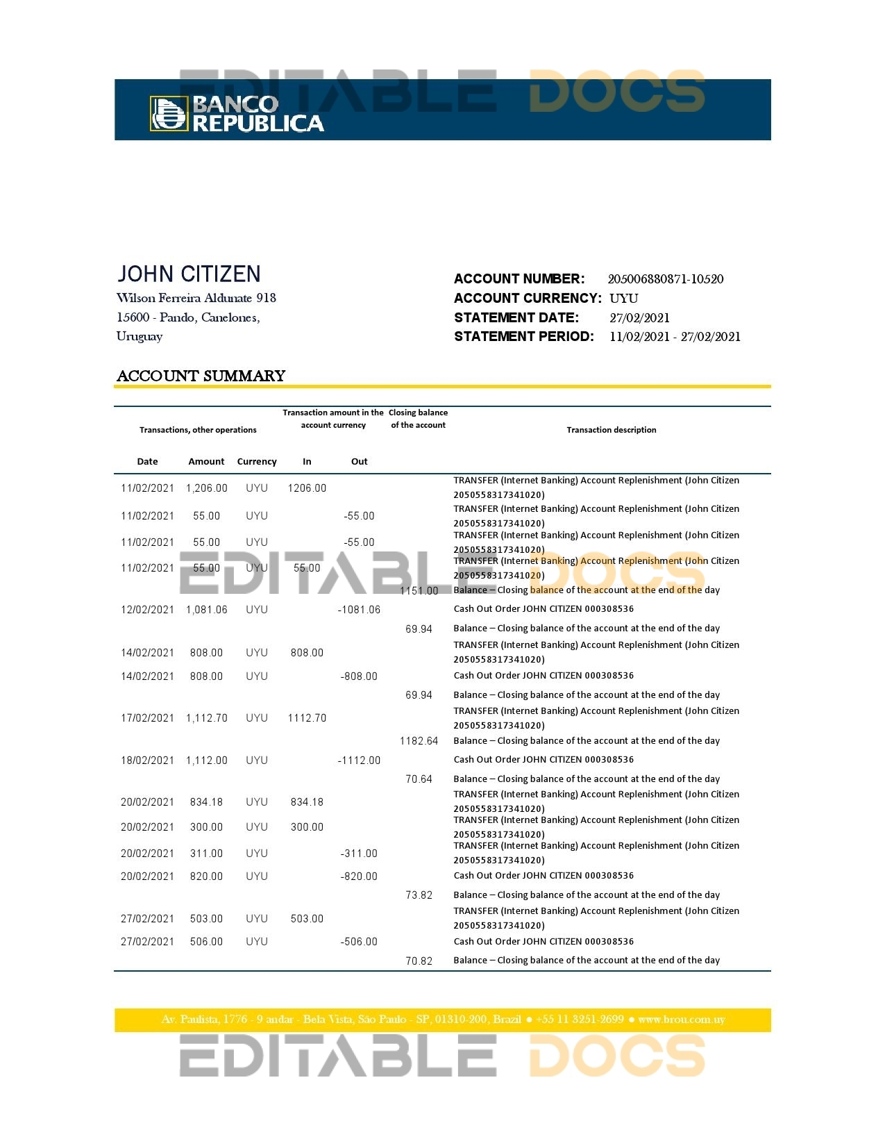 Uruguay Banco De La Republica Oriental Del Uruguay bank statement template in .xls and .pdf file format