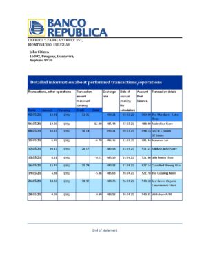 Uruguay Banco de la República Oriental del Uruguay bank statement template in Excel and PDF format, good for address prove