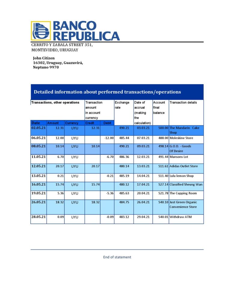 Uruguay Banco de la República Oriental del Uruguay bank statement template in Excel and PDF format, good for address prove