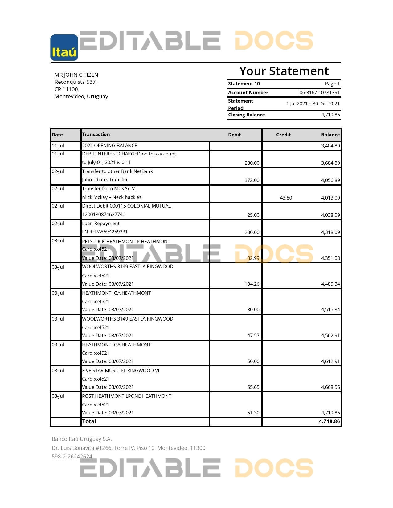 Uruguay Itau Bank statement template in .xls and .pdf file format