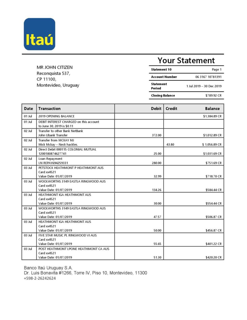Uruguay Itau bank statement template in Word and PDF format
