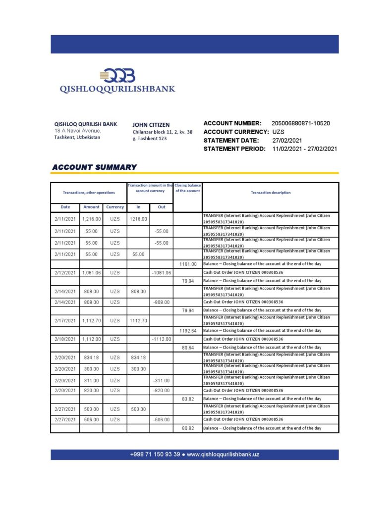 Uzbekistan Qishloq Qurilish Bank statement easy to fill template in Excel and PDF format