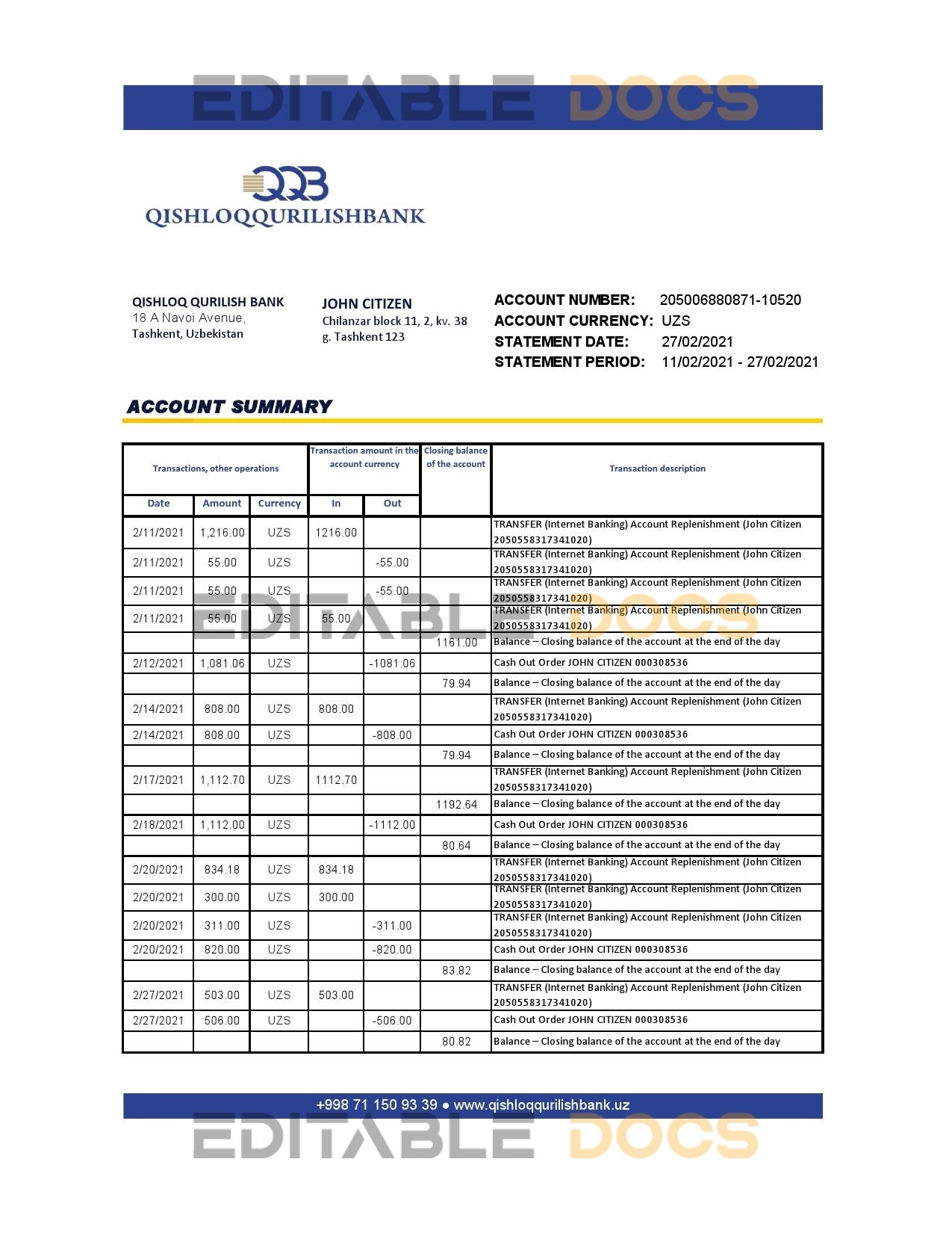 Uzbekistan Qishloq Qurilish Bank statement easy to fill template in Excel and PDF format
