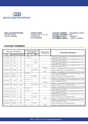 Uzbekistan Qishloq Qurilish Bank statement template in Word and PDF format