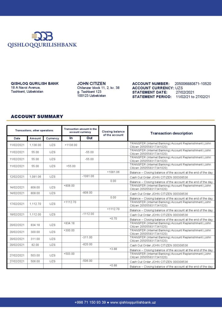 Uzbekistan Qishloq Qurilish Bank statement template in Word and PDF format