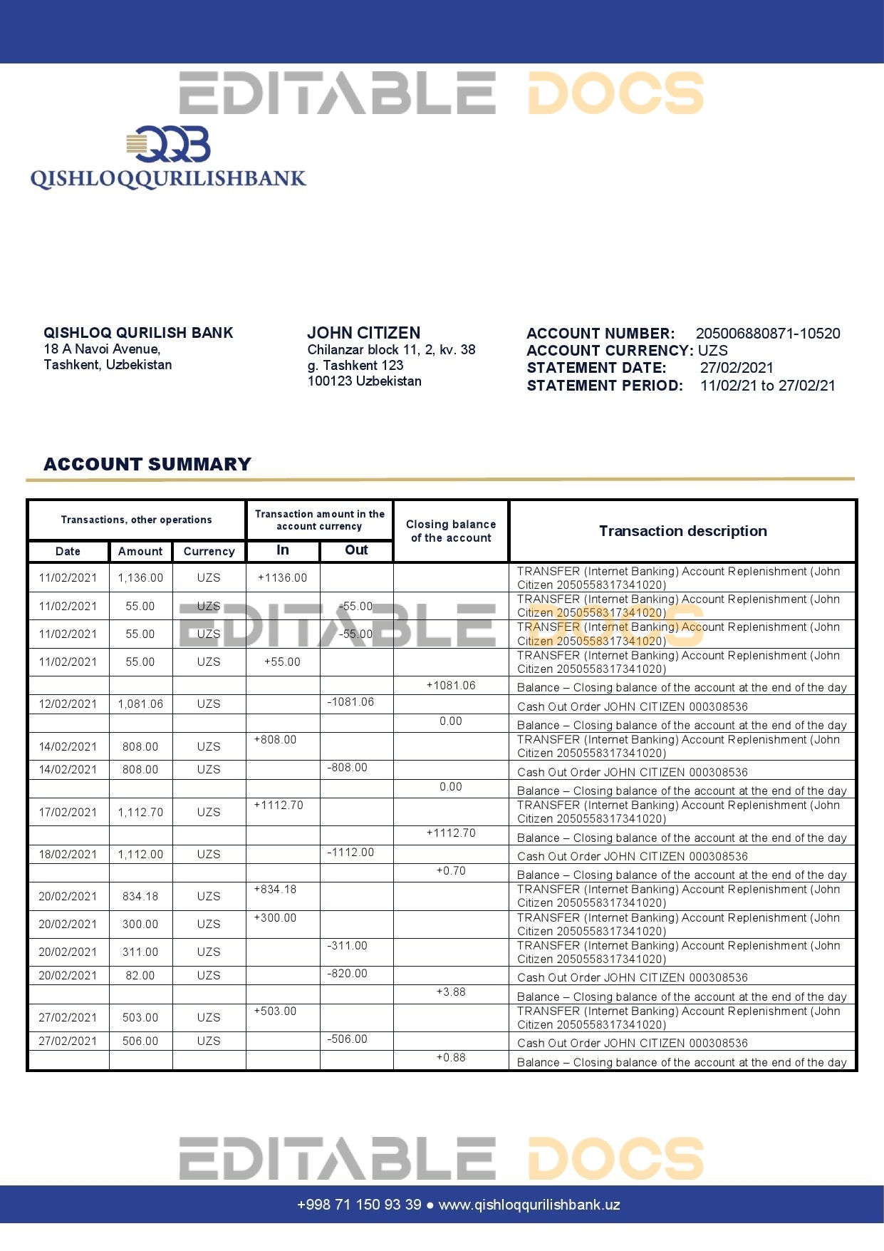 Uzbekistan Qishloq Qurilish Bank statement template in Word and PDF format