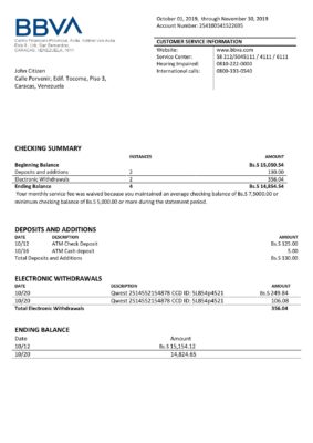 Venezuela BBVA bank proof of address statement template in Word and PDF format (.doc and .pdf)