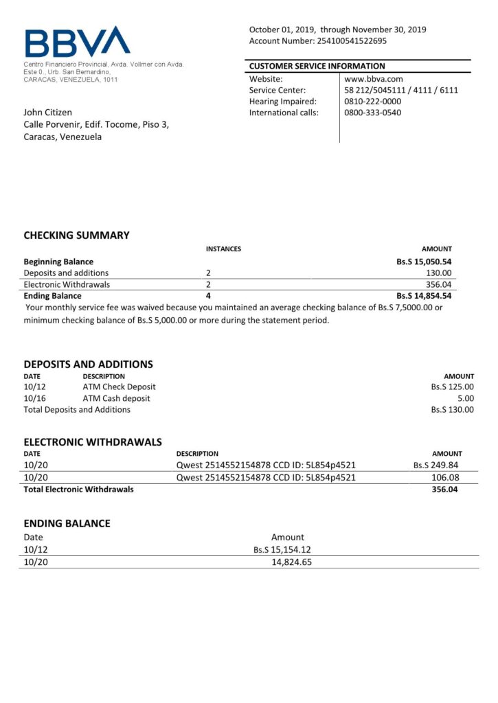 Venezuela BBVA bank proof of address statement template in Word and PDF format (.doc and .pdf)