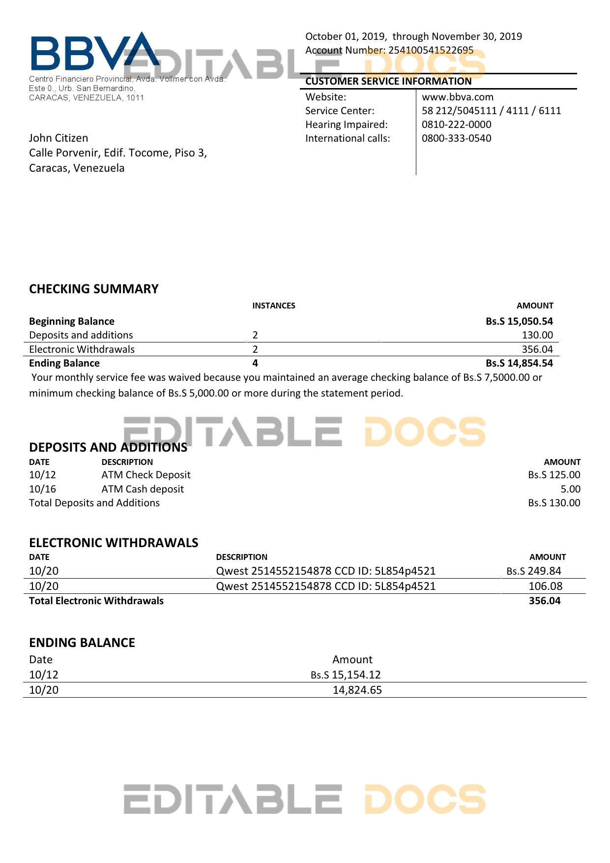 Venezuela BBVA bank proof of address statement template in Word and PDF format (.doc and .pdf)