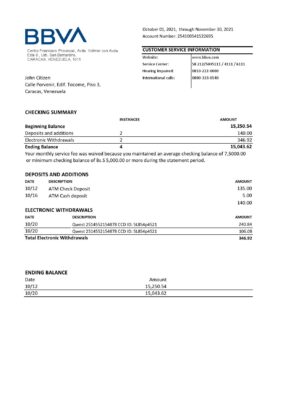 Venezuela BBVA bank statement easy to fill template in .xls and .pdf file format