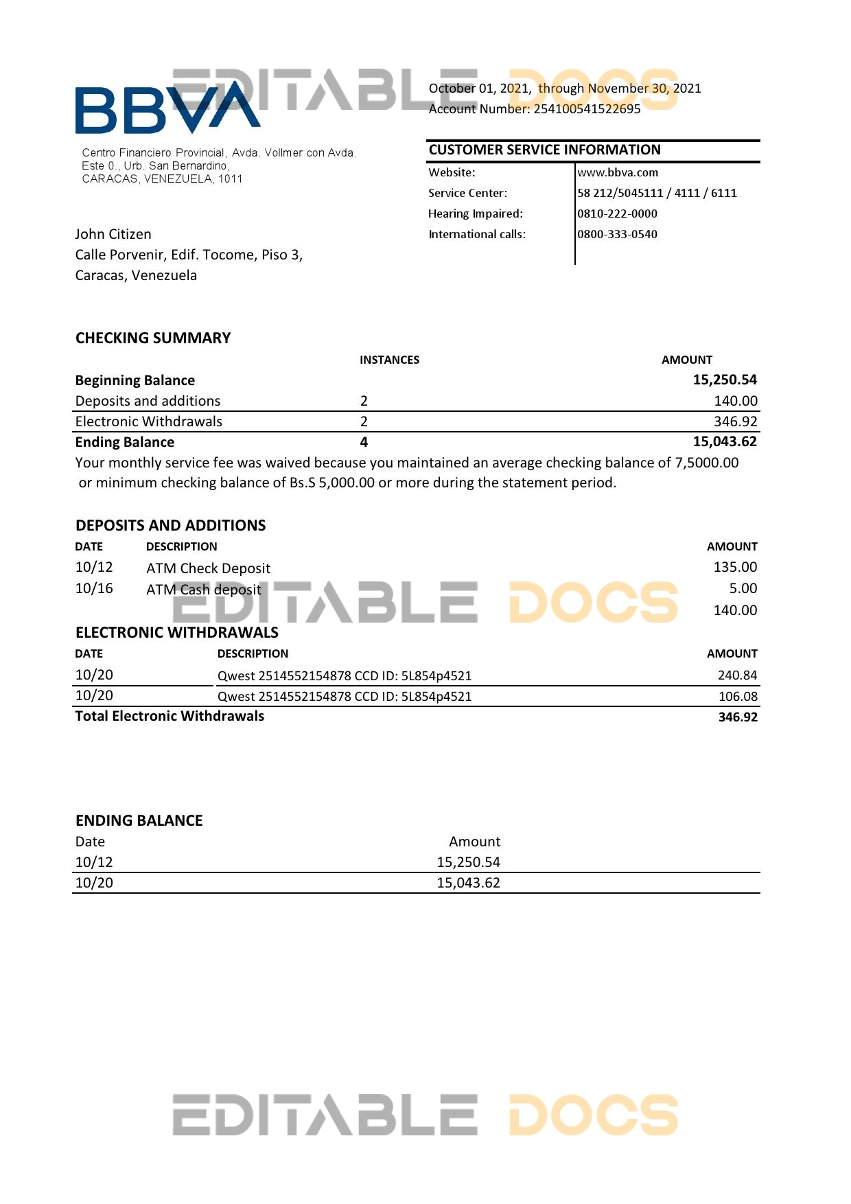 Venezuela BBVA bank statement easy to fill template in .xls and .pdf file format