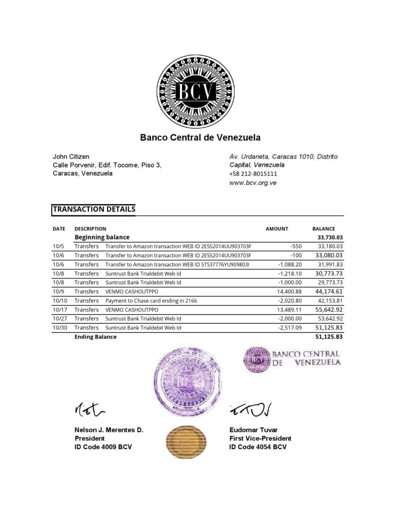 Venezuela Banco Central de Venezuela bank statement easy to fill template in Excel and PDF format