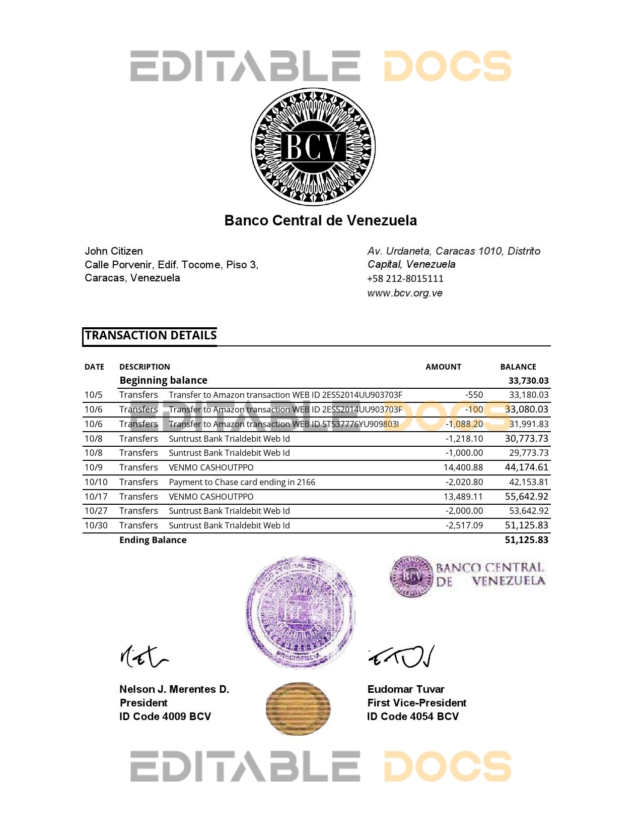 Venezuela Banco Central de Venezuela bank statement easy to fill template in Excel and PDF format