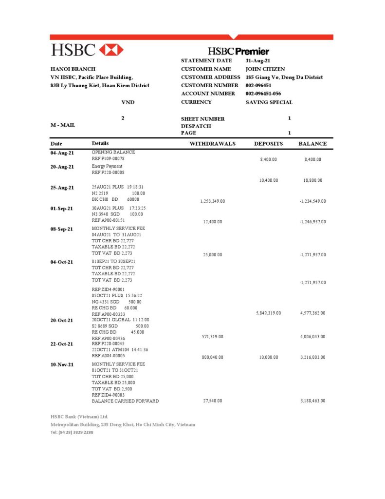 Vietnam HSBC bank statement easy to fill template in .xls and .pdf file format