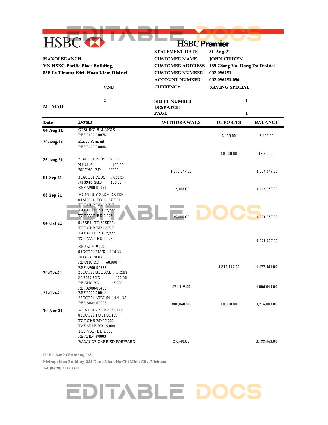 Vietnam HSBC bank statement easy to fill template in .xls and .pdf file format