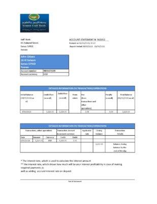 Yemen Gulf Bank statement template in Excel and PDF format