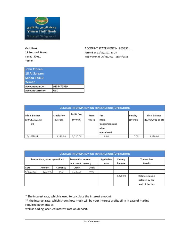Yemen Gulf Bank statement template in Excel and PDF format