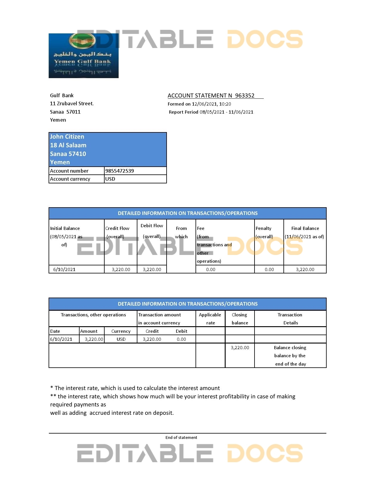 Yemen Gulf Bank statement template in Excel and PDF format