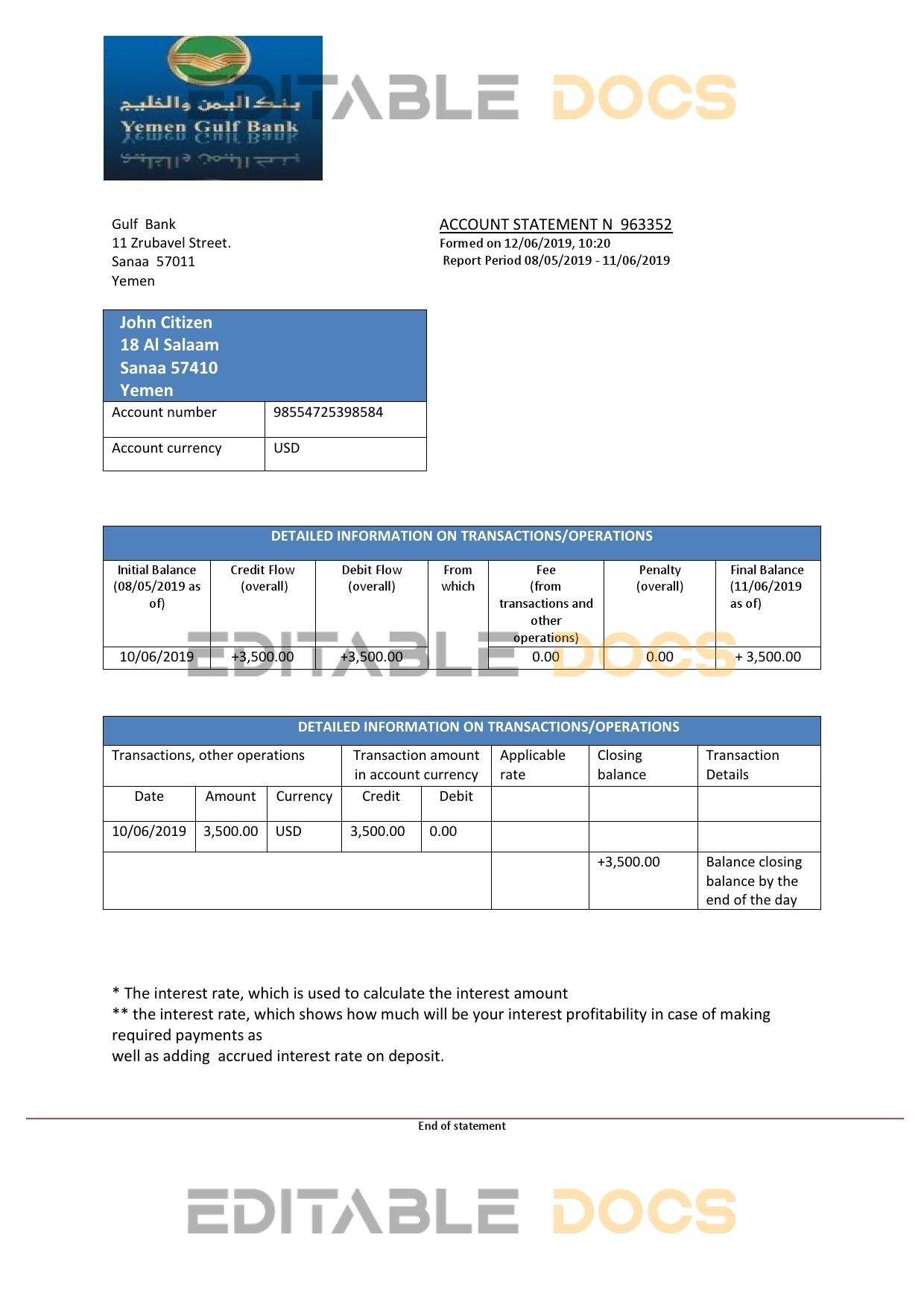 Yemen Gulf bank statement template, Word and PDF format (.doc and .pdf)