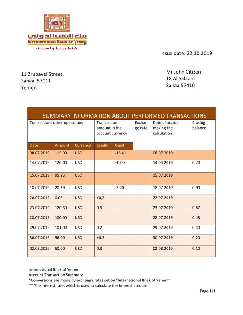 Yemen International bank of Yemen proof of address bank statement template in Word and PDF format