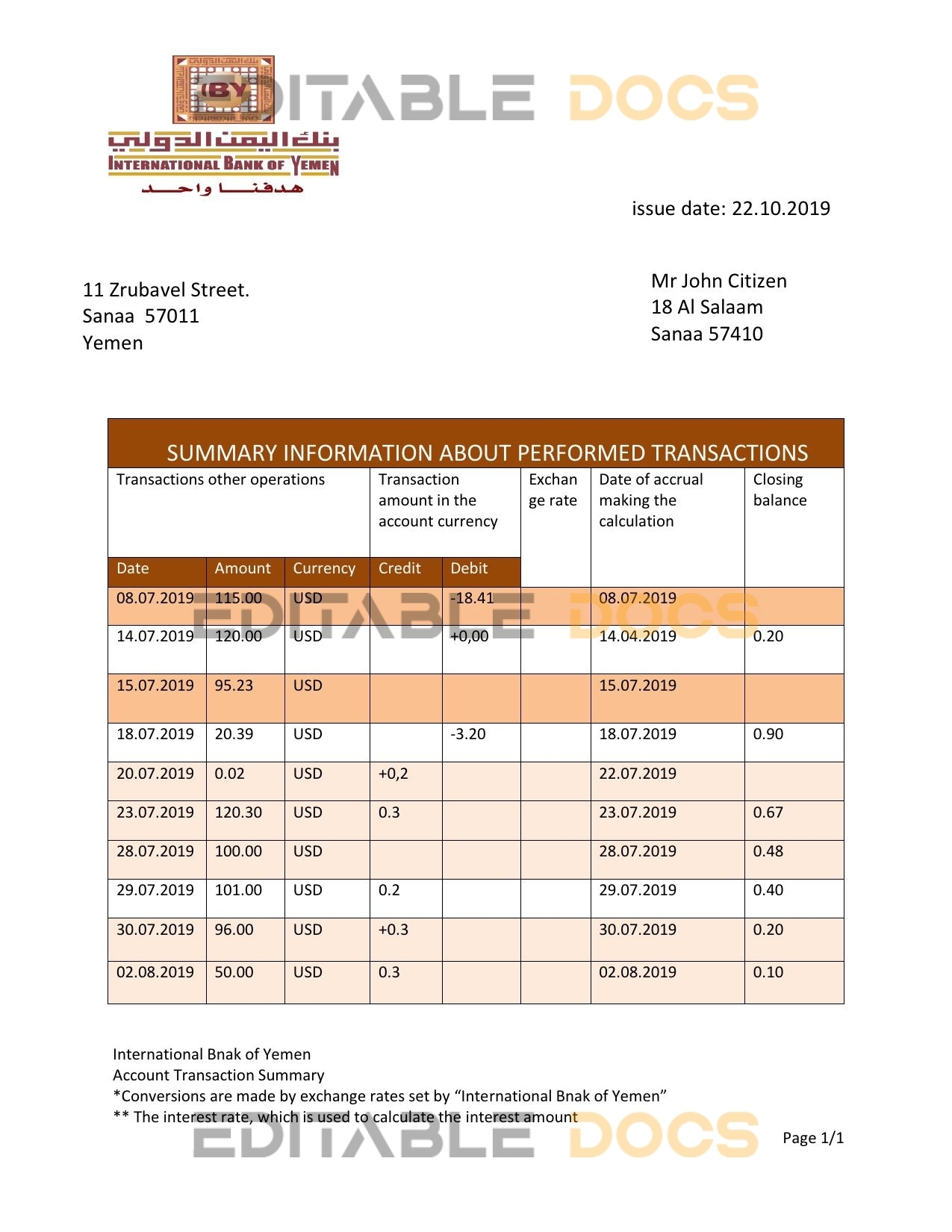 Yemen International bank of Yemen proof of address bank statement template in Word and PDF format