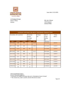 Yemen International bank statement template in .xls and .pdf file format