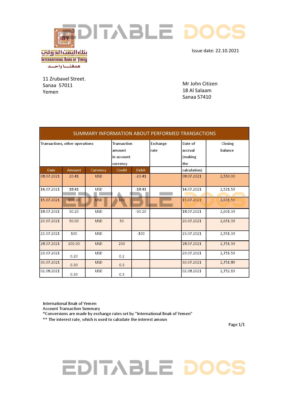 Yemen International bank statement template in .xls and .pdf file format