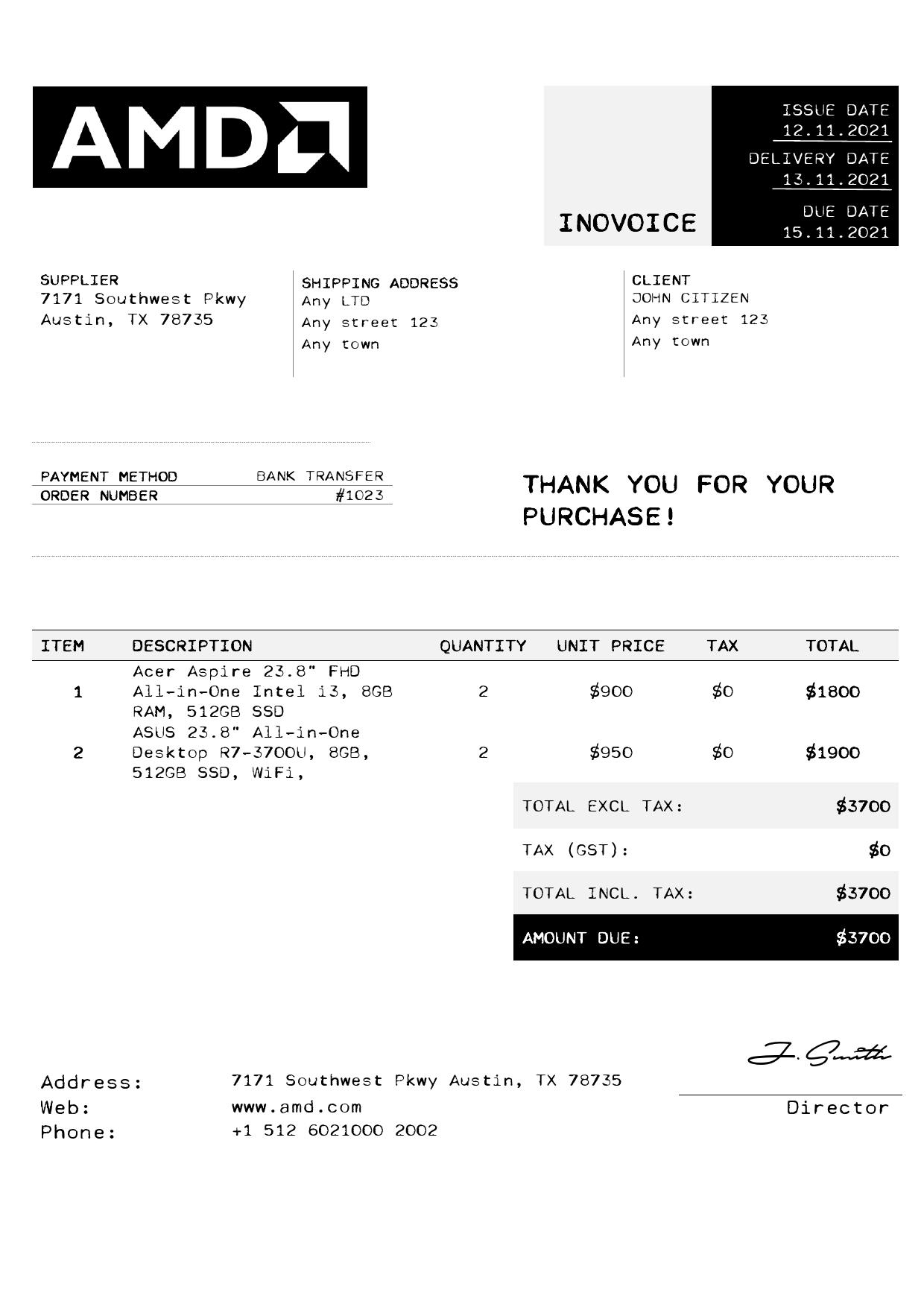 USA AMD invoice template in Word and PDF format, fully editable