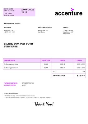 USA Accenture invoice template in Word and PDF format, fully editable