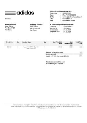 USA Adidas invoice template in Word and PDF format, fully editable