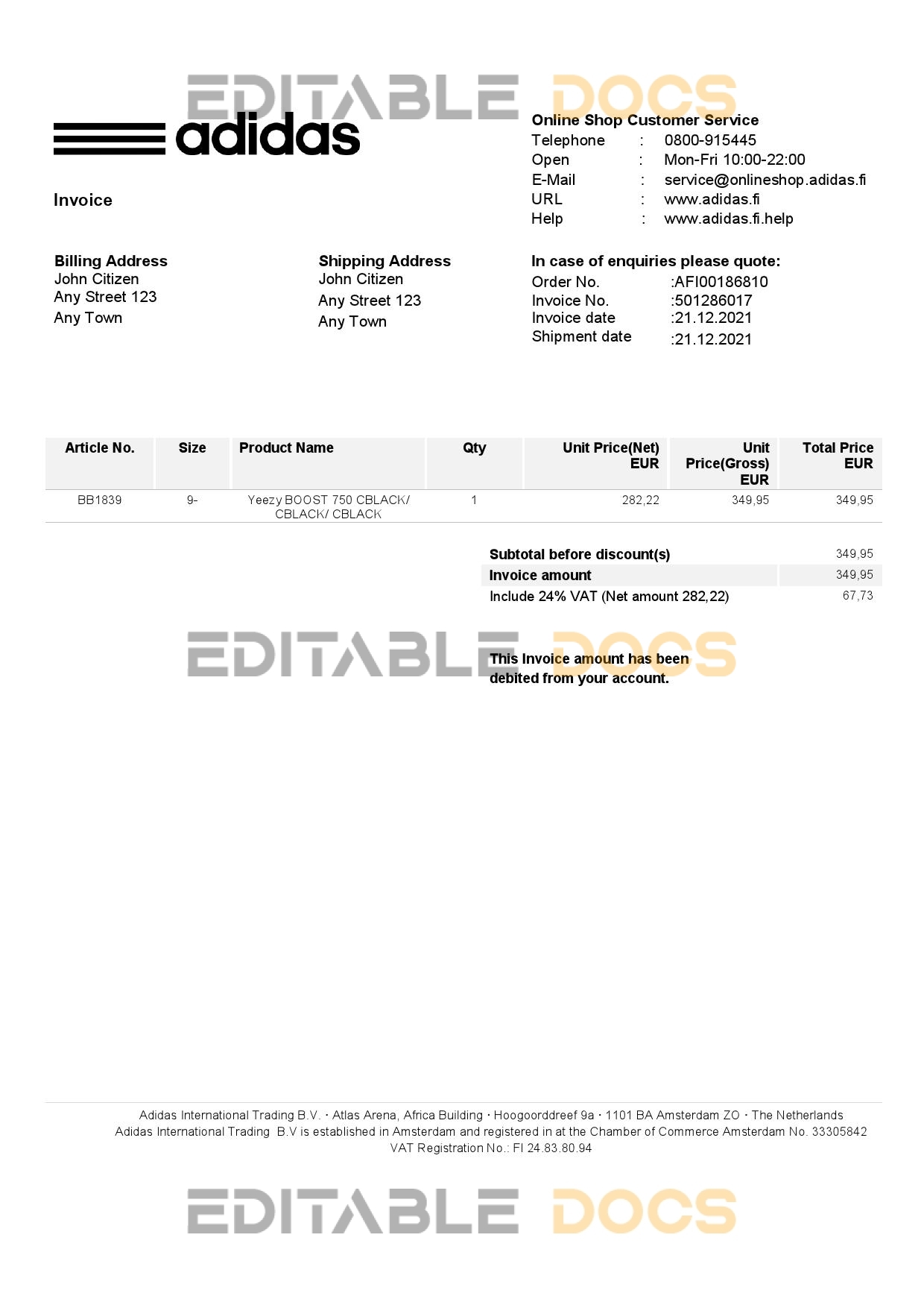 USA Adidas invoice template in Word and PDF format, fully editable