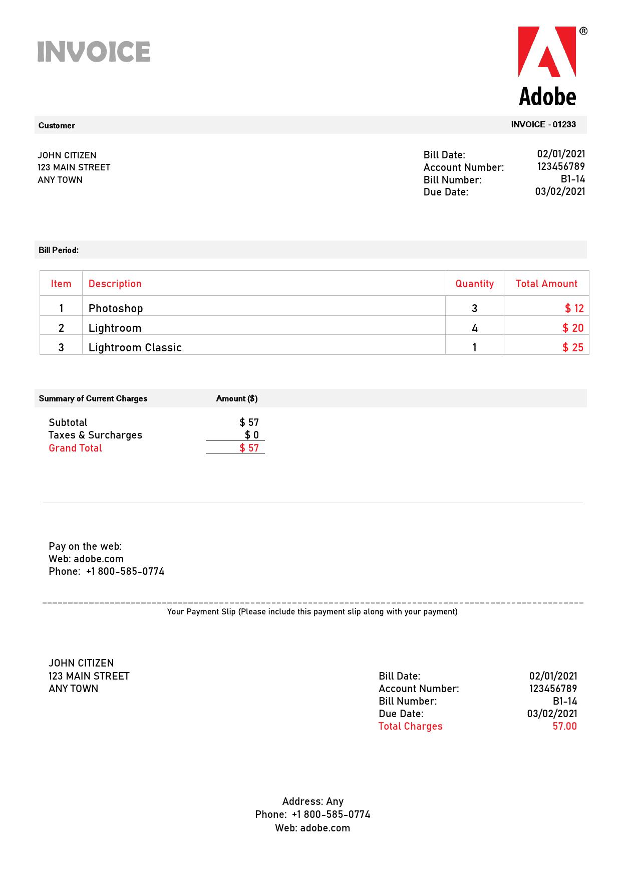 USA Adobe invoice template in Word and PDF format, fully editable