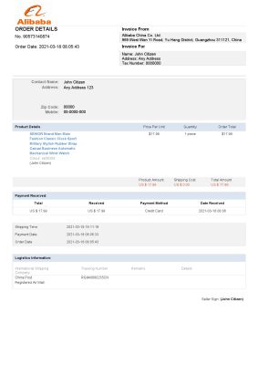 USA Alibaba invoice template in Word and PDF format, fully editable