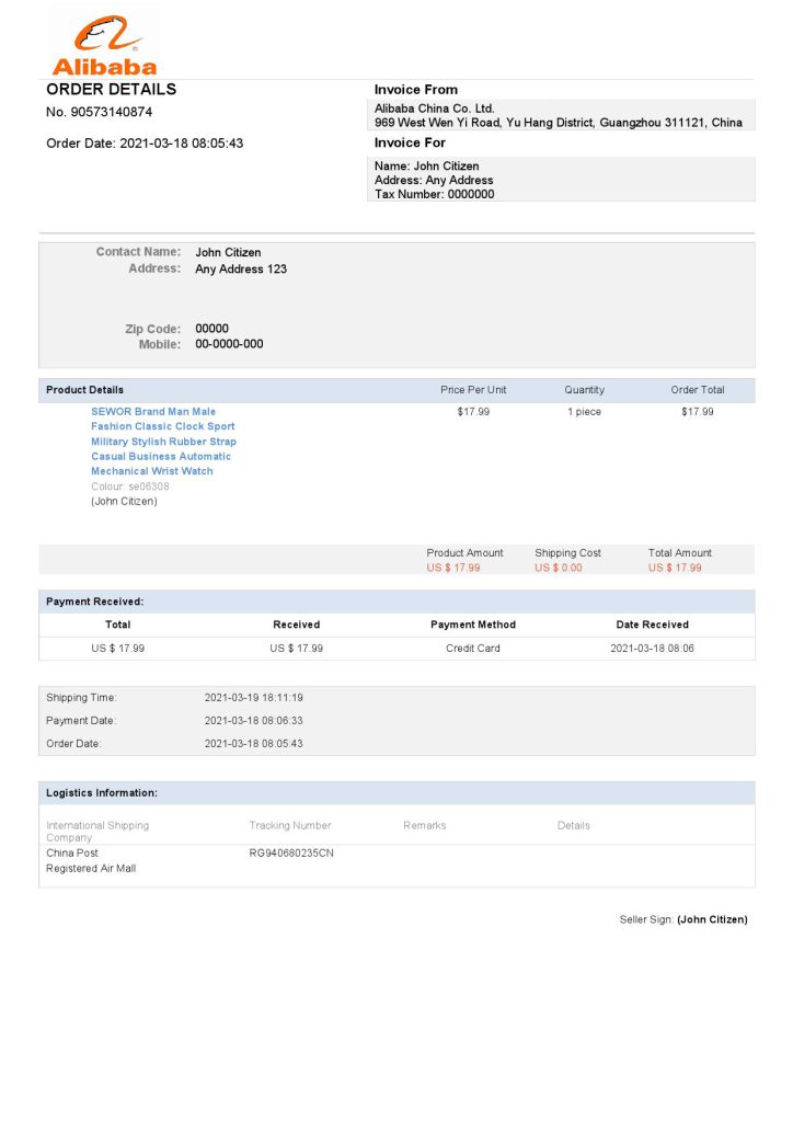 USA Alibaba invoice template in Word and PDF format, fully editable