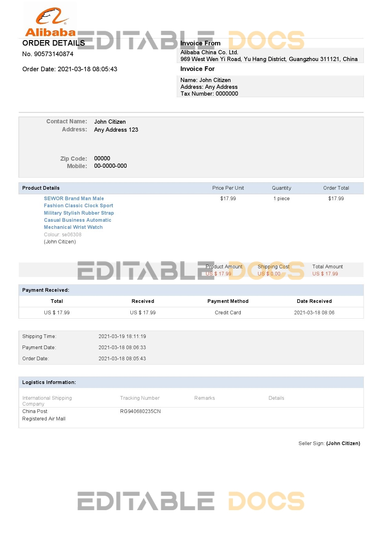 USA Alibaba invoice template in Word and PDF format, fully editable