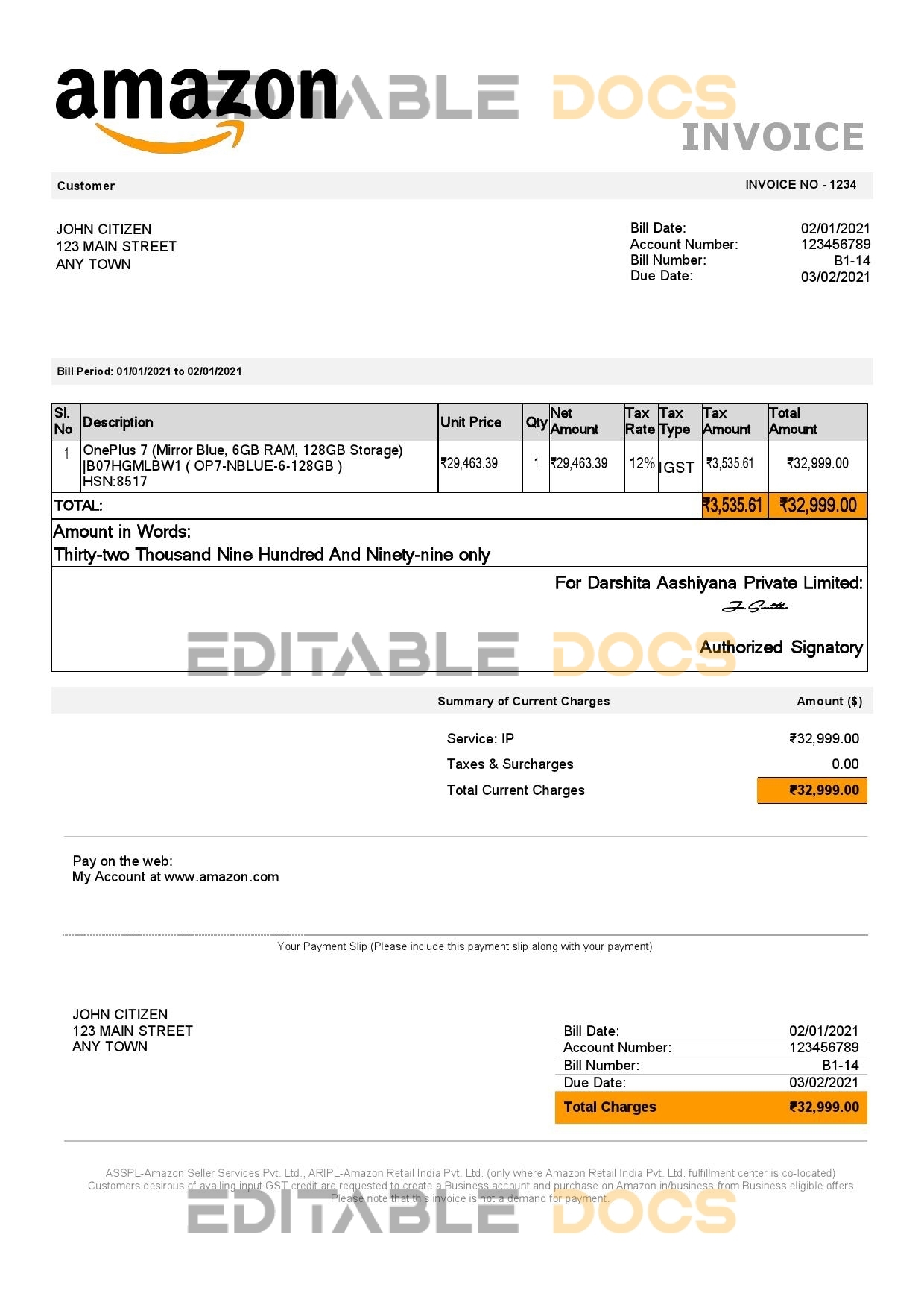 USA Amazon invoice template in Word and PDF format, fully editable