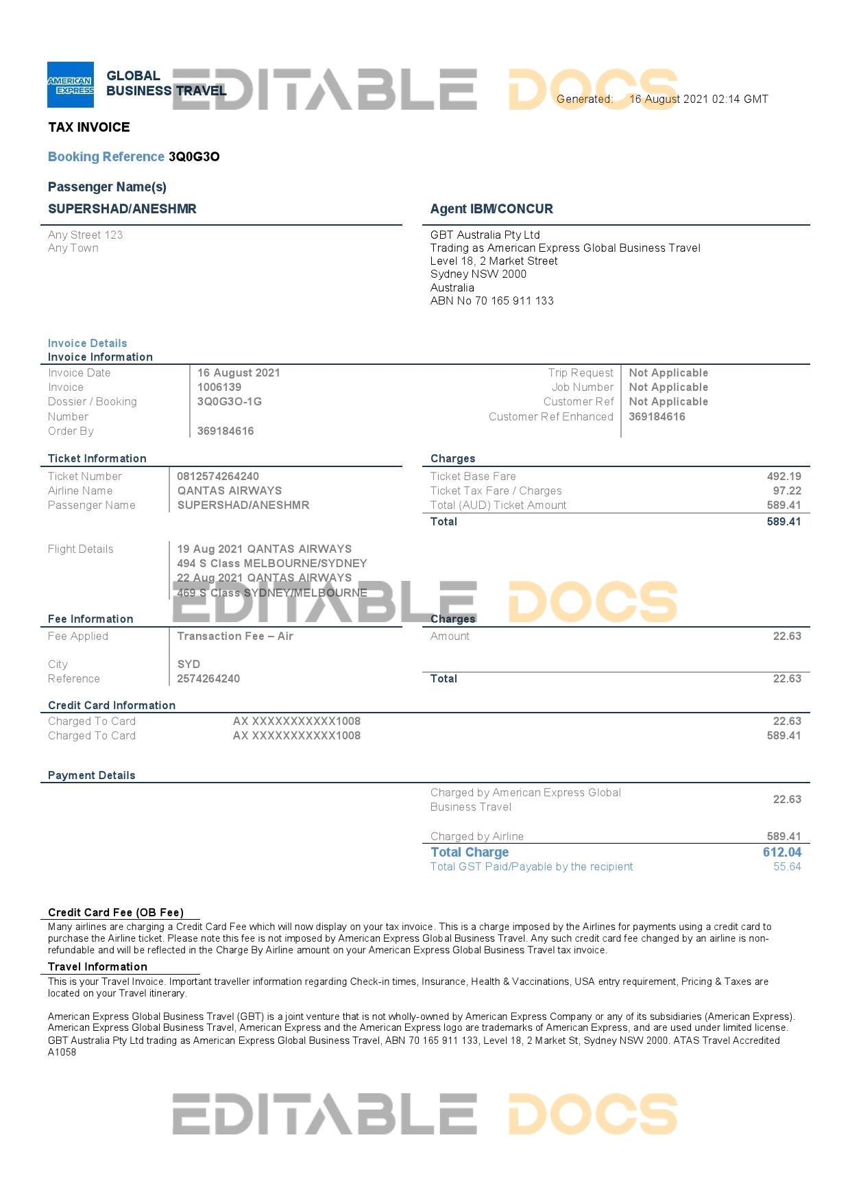 USA American Express invoice template in Word and PDF format, fully editable